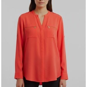 Calvin Klein Women Red Zip Pocket Button Up Long Sleeve Shirt Top M